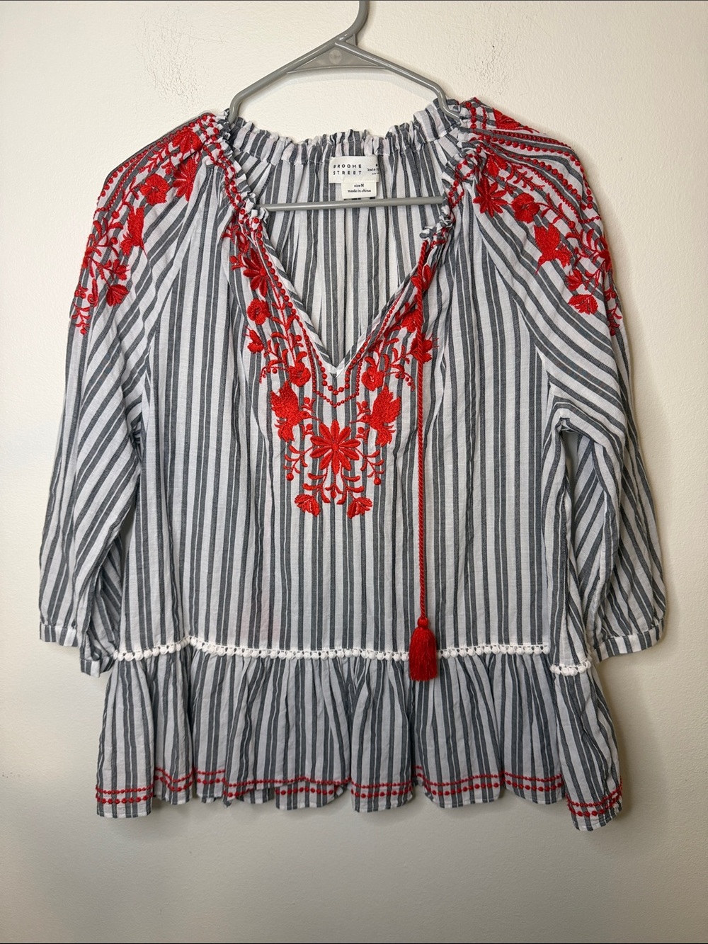 Kate Spade Broome Street Embroidered Striped Peasant Top Size M
